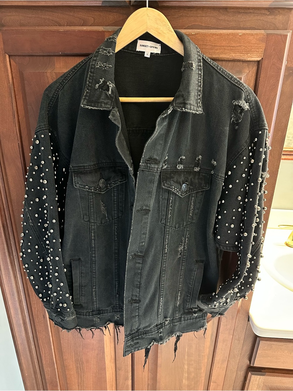 Sunset & Spring Black Distressed Denim Jacket with Pearl Studded Sleeves Size S